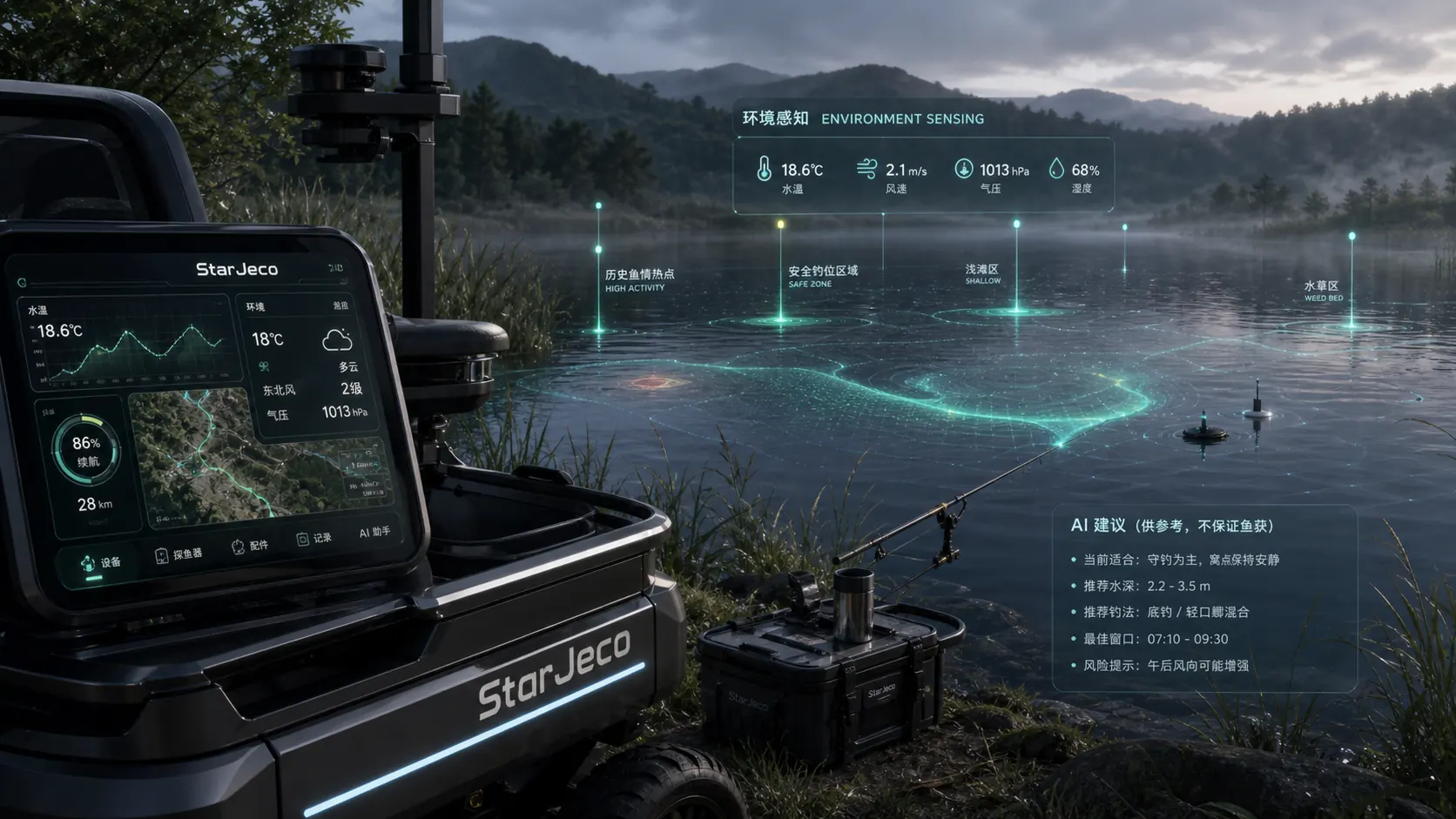 StarJeco 环境感知系统读取水温、风速、气压、水域区域和安全钓位